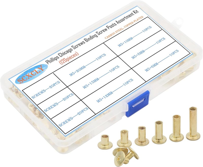 SCXCLY 120pcs Chicago Screws Binding Screw Posts Assortment Kit, 6 Sizes(M5 x 6/10/15/25/30/45mm), Carbon Steel Copper-Plated - Image 1